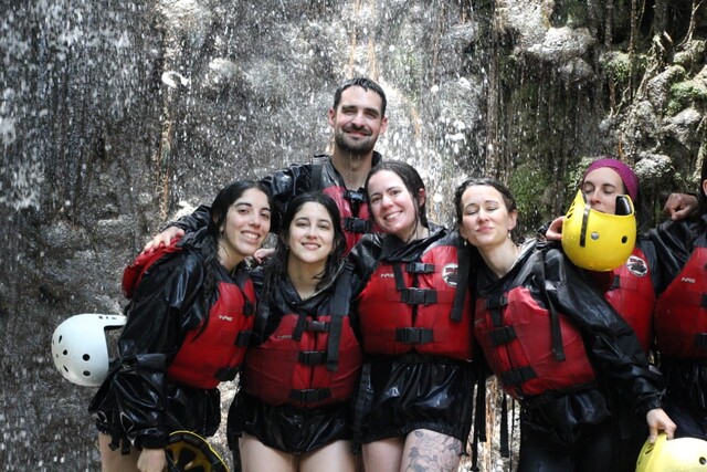 Home happy tourists rafting peru waterfall experience